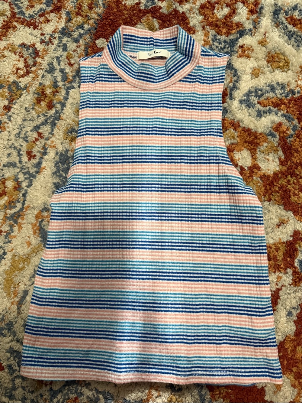 Tres Bien Pink & Blue Striped Ribbed Mock Neck Crop Tank
